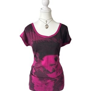Y2K “Only” Magenta Pink and Black Graphic Short Sleeve Open Back Top